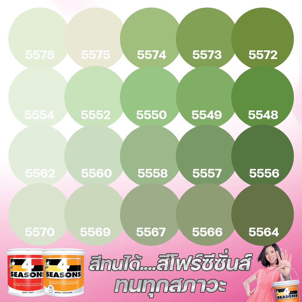 TOA 4 Seasons สีเขียวตอง สีภายนอก+ภายใน 9L สีทาบ้าน สีน้ำ สีอะครีลิค สีทาภายนอกและภายใน เนื้อสีแน่น 
