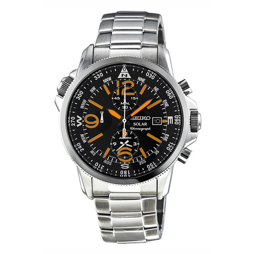 SEIKO Solar Alarm Chronograph Men's Watch รุ่น SSC077P1 - สีเงิน/สีดำ/สีส้ม