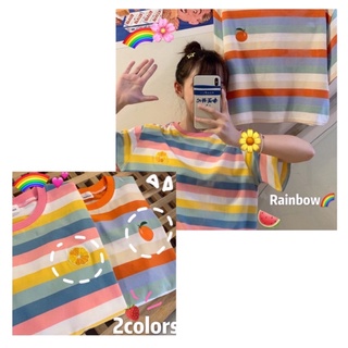 FK🌈พร้อมส่ง🌈 เสื้อครอป ลายสายรุ้งพาสเทล อกปักรูปผลไม้