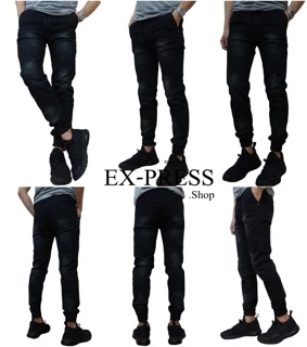Jogger Pants กางเกงขาจั๊ม สีดำยีนส์ฟอกเอวสม็อคมีเชือกผูก ยืด สวมใส่สบาย Size 28-54 รับชำระปลายทาง มีไซส์ใหญ่