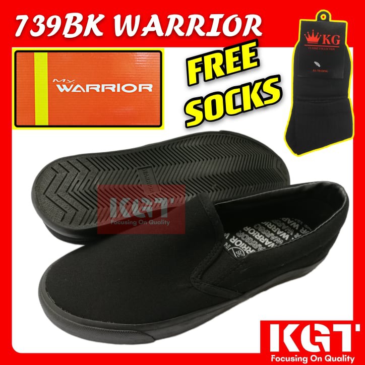 ฟรีถุงเท้า Kasut Sarung Black Sekolah WARRIOR 739 Slip On Black School Shoes WARRIOR