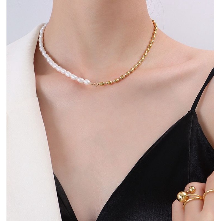 TTN6939 - สร้อยคอไทเทเนียมเม็ดข้าวไข่มุก (สีเหลือง)