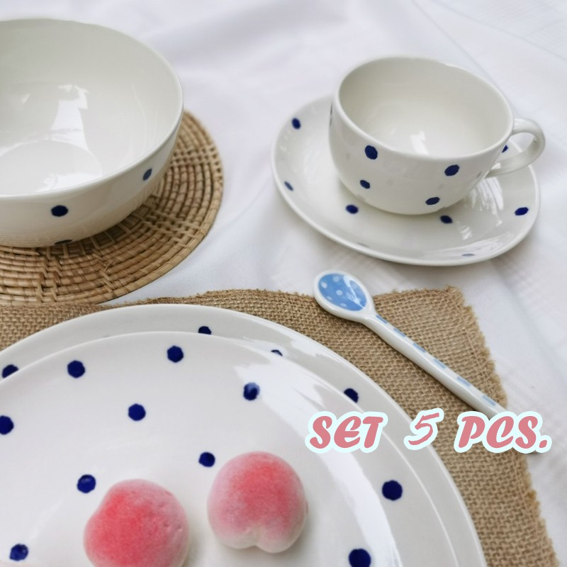 INDRA CERAMIC เซรามิกเข้าไมโครเวฟได้ ชุดอาหารเซรามิก 5 ชิ้น จัดเซตอาหาร เซตจานชาม << ลายจุด>> ทำความสะอาดง่าย