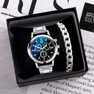 นาฬิกาผู้ชาย [นาฬิกา + สร้อยข้อมือ] ธุรกิจสายเหล็กควอตซ์นาฬิกาอะนาล็อกชุดสร้อยข้อมือ