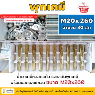 หลอดน้ำยาพุกเคมีหลอดแก้ว M20 ยกกล่อง 30 ชุด ยี่ห้อ King Fisher และสตัดพุกเคมี พร้อมนอตและแหวน M20x260