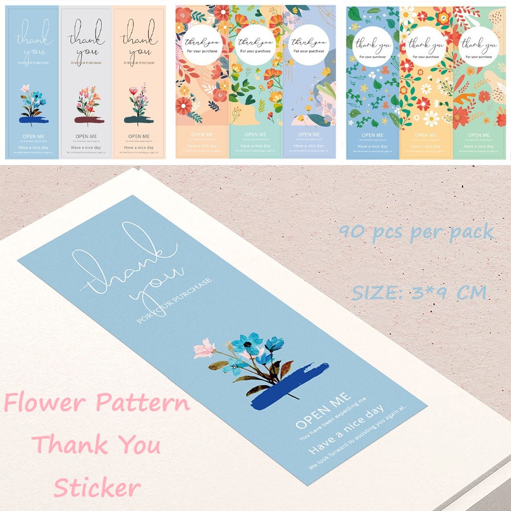 สติกเกอร์ฉลาก Thank You Sticker ลายดอกไม้ ขนาด 3*9 ซม. สําหรับติดตกแต่งร้านค้า แพ็กเกจของขวัญ 90 ชิ้น
