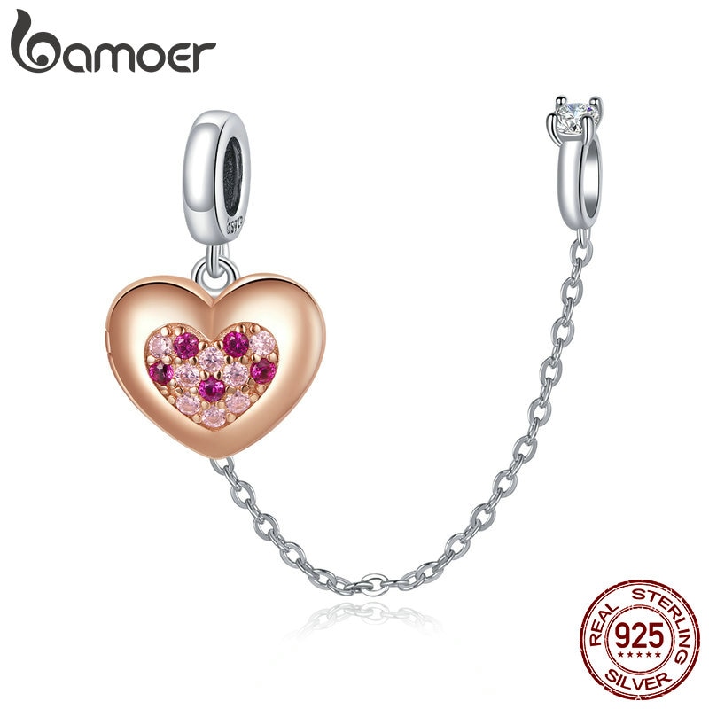 bamoer Authentic 925 Sterling Silver Promise of Love  Safety Chain Charm for Original Silver DIY Bracelet or Bangle BSC396