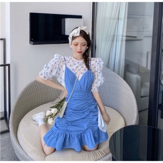 เสื้อ+เดรสสายเดี่ยวย่น [Blue Cutie]