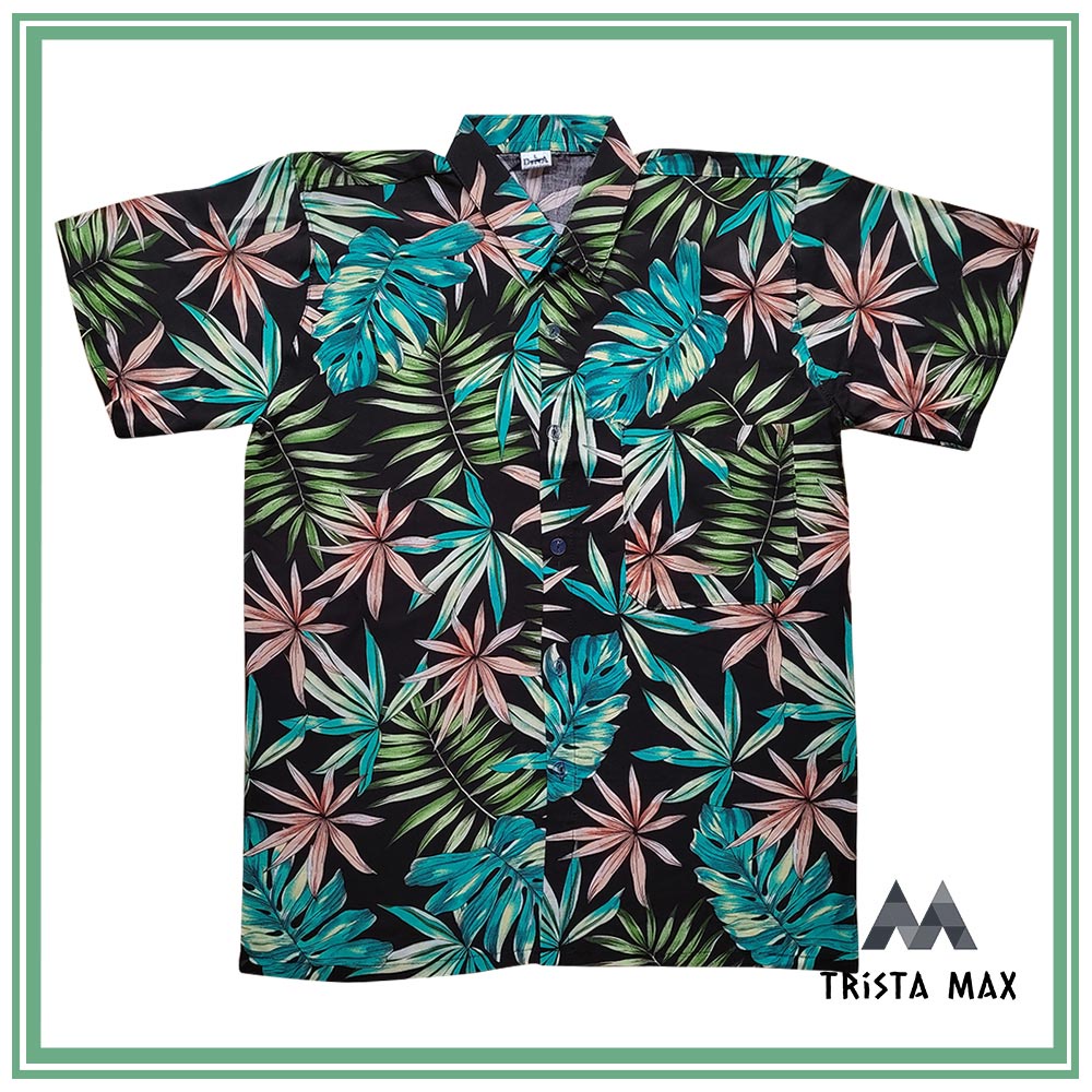 Kemeja HITAM Cowo Beach Shirt - เสื ้ อเชิ ้ ตผู ้ ชายฮาวายล ่ าสุดพร ้ อม Motif Dypsis สีดํา