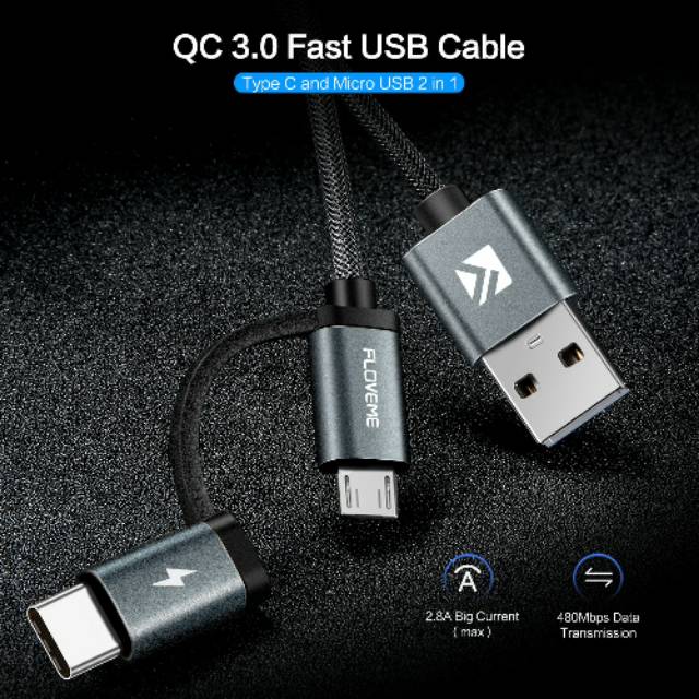 2 in 1 Micro USB + USB Type C QC3.0 2.8A 80cm สายชาร์จ - P9
