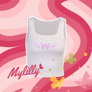 🌷Mylilly🌷เสื้อกล้าม เสื้อสายเดี่ยว เสื้อสายฝอ เสื้อเซ็กซี่ ปักลายผีเสื้อ ยุค90 อก 30-38 นิ้ว