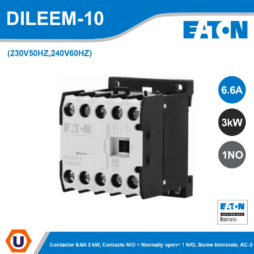 EATON DILEEM-10(230V50HZ,240V60HZ) - Contactor 6.6A 3 kW, Contacts N/O = Normally open= 1 N/O, Screw