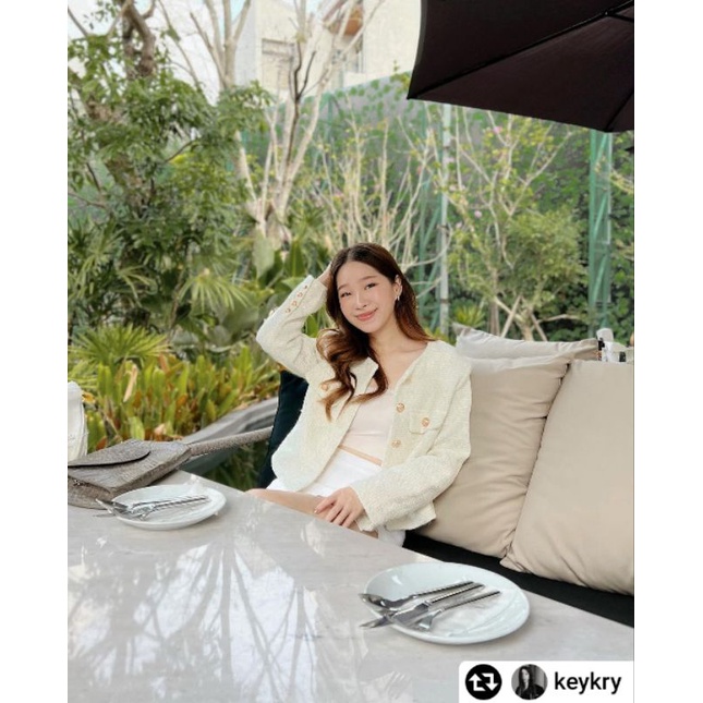 พร้อมส่ง 2สี งานตรงปก ผ้าหนานุ่ม✨️ เสื้อคลุมผ้าทอทวีต แต่งกระดุมสีทอง (T014) - รูปที่ 3