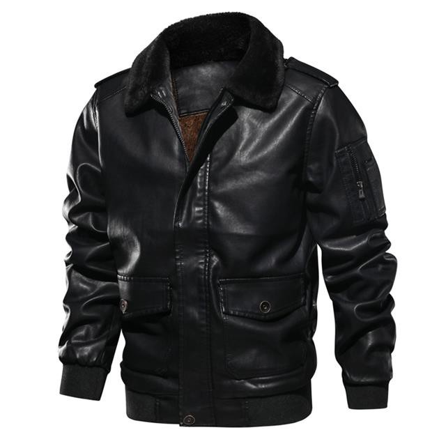Men Motorcycle PU Leather Jacket Winter Warm Luxury Fleece Retro Coat Fur Collar Biker Bomber Pilot Faux Leather Jacket #4