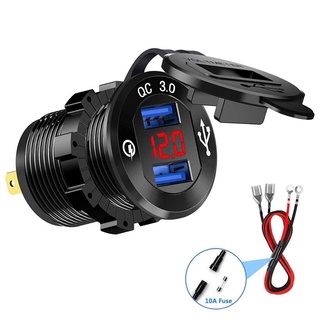 Dual Quick Charge 3.0 USB Car Charger Socket Power Outlet with Voltmeter 12V/24V 36W for Car Marine Boat Rv ATV Truck Go