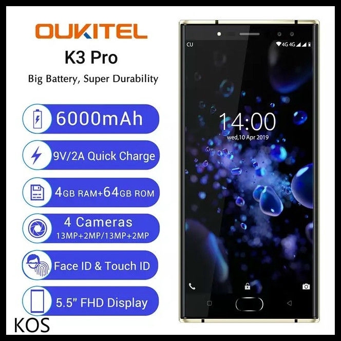 สมาร์ทโฟน จอ Oukitel K3 Pro 4G  5.5 นิ้ว 4GB แรม 64GB รอม แบตอึด 6000mAh แอมป์ 4 กล้องโทรศัพท์มือถือกล้องสอง 13MP + 2MP