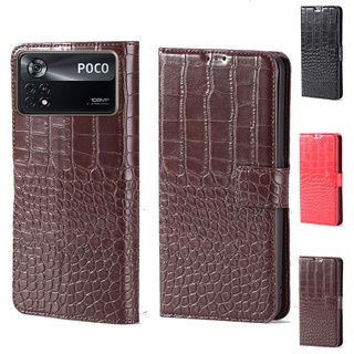 เคสโทรศัพท์มือถือหนัง PU แบบฝาพับ ลายหนังจระเข้ พร้อมช่องใส่บัตร สําหรับ Xiaomi Poco C40 M4 X4 F4 GT Pro 4G 5G