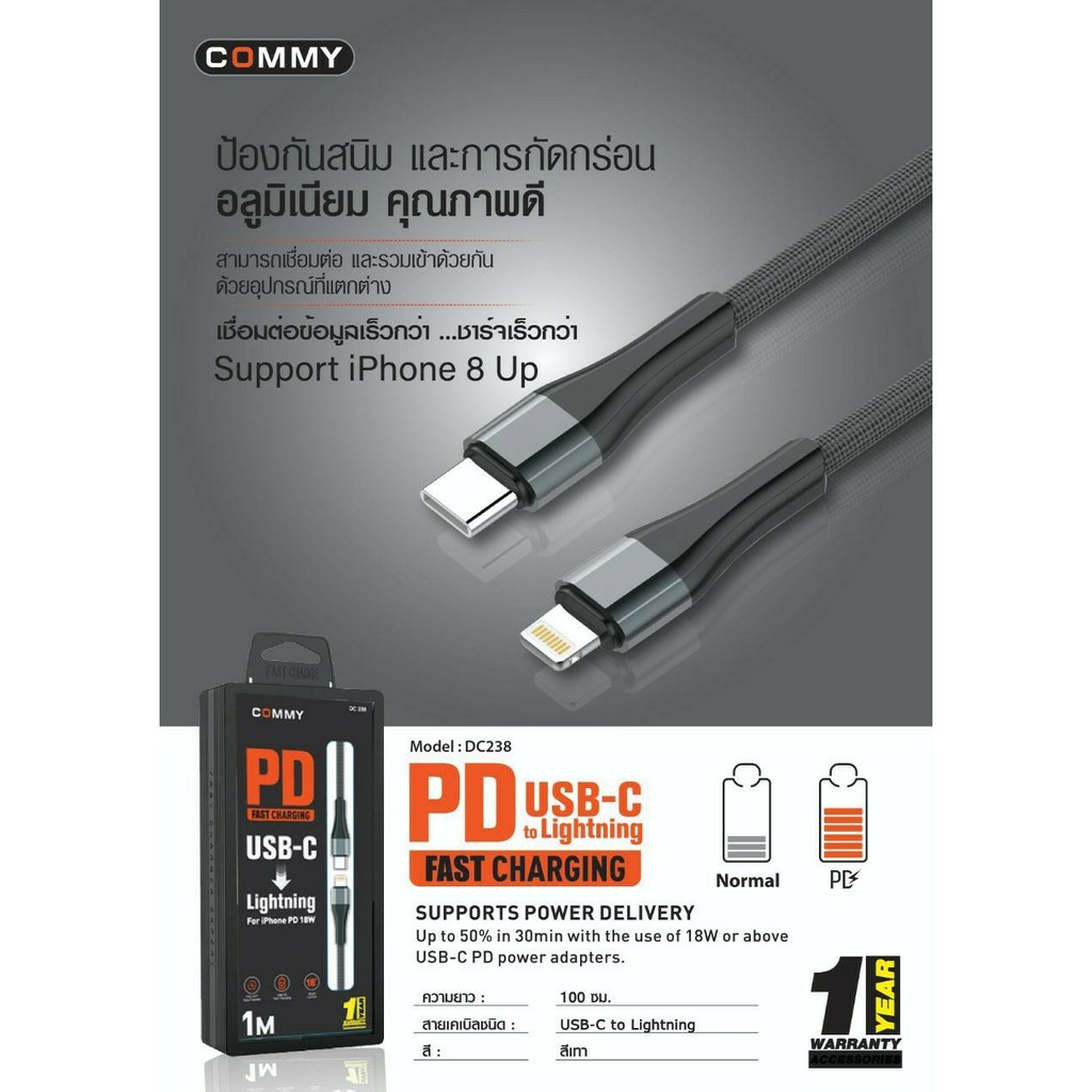 NEW สายชาร์จ COMMY dc238 usb-c to lightning