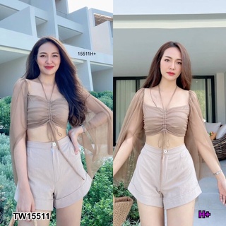 TW15511 งานเซต 2 ชิ้น เสื้อมุ้งมีซับใน สายคล้องคอ ผูกรูดอกได้เอง หลังยางยืด ไหล่ยางยืดผ่าแขน กางเกงซิปหน้า+กระดุมยางยืด