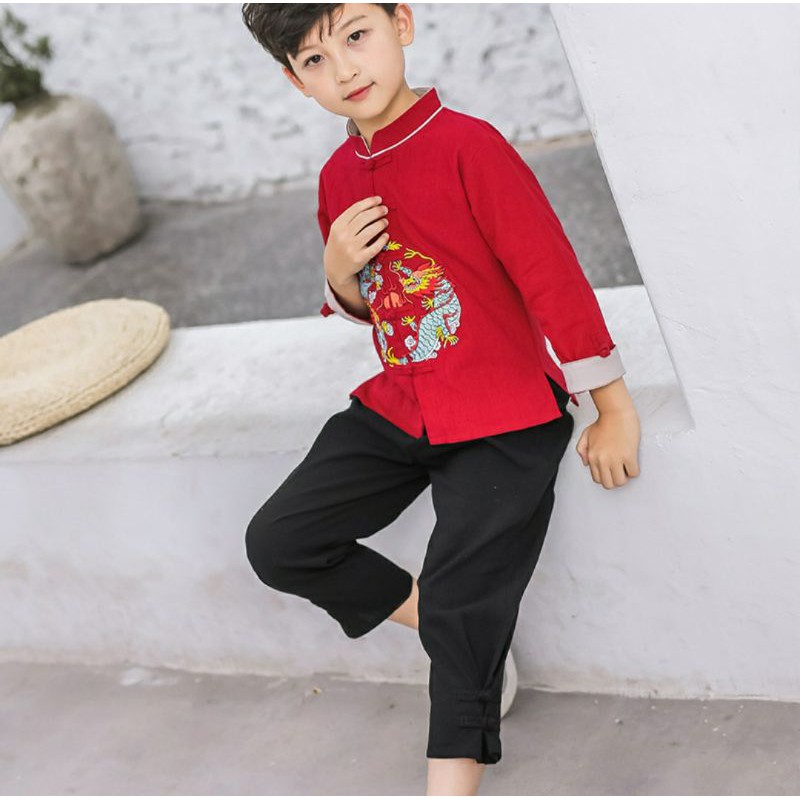 ชุดจีนเด็กผู้ชาย ชุดกี่เพ้าหนุ่มน้อย ชุดจีนสีแดงเสื้อพร้อมกางเกงขายาว