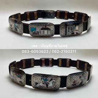 เทอร์ควอยซ์ อัญมณีเเท้ งานชนเผ่าเมกา Handsome Benson Boyd Navajo Sterling Silver Inlay Story Teller Concho Belt