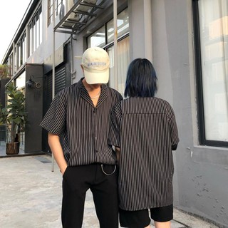 (พร้อมส่งไซส์ L) เสื้อเชิ้ตคอฮาวายสีดำลายขาวผ้าทิ้งตัว