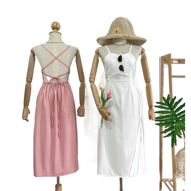 discount☊☼◄🌈 DD123 - เดรสสายไขว้ ผ้าไหมอิตาลี