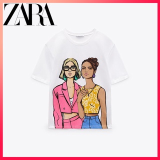 Zara เสื้อยืดแขนสั้น คอกลม พิมพ์ลาย สีขาว แฟชั่นฤดูใบไม้ผลิ และฤดูร้อน สําหรับเด็กผู้หญิง