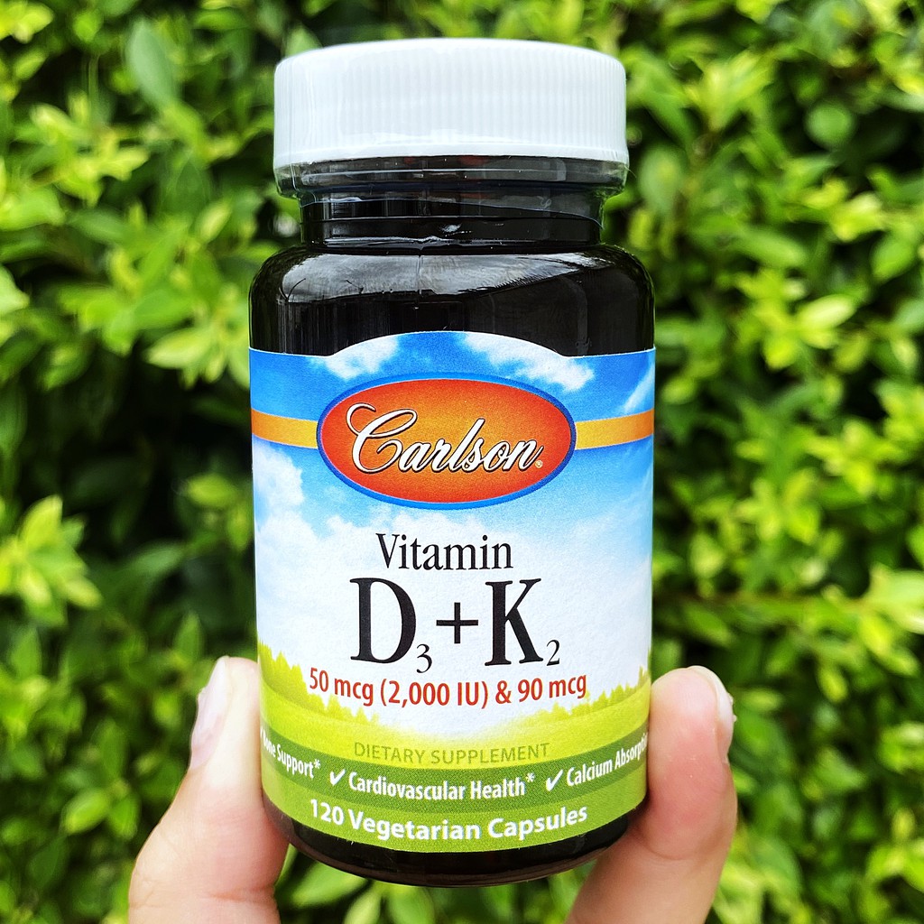 วิตามินดี 3 Vitamin D-3, 2000 IU + K2 (as MK-7) 90 mcg 120 VegCap (Carlson®) D3 K-2 MK7