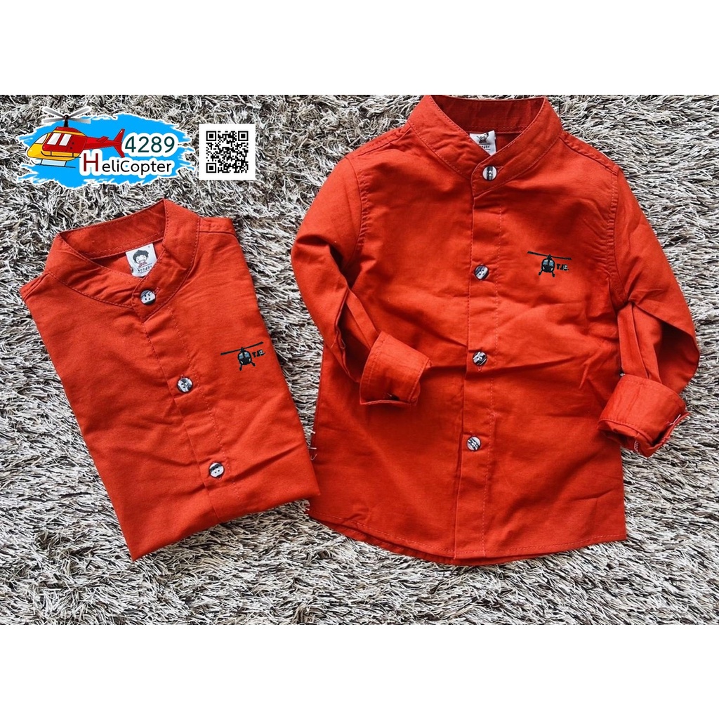 HC เสื้อเชิ้ตเด็ก แขนยาว คอจีน สีส้มอิฐ เนื้อผ้าดีมาก ใส่แล้วหล่อ สินค้าคุณภาพครับ Kid shirt brick color By TJElleshop