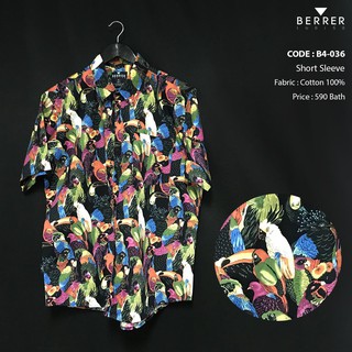 BERRER เสื้อผ้าผู้ชายอ้วน : เสื้อเชิ้ตแขนสั้น ลายนกเงือก