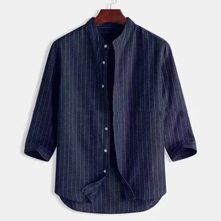 [การจัดส่งในท้องถิ่น] เสื้อเชิ้ต แขน 3/4 ลําลอง ทรงหลวม ลายทาง มีสไตล์ สําหรับผู้ชาย