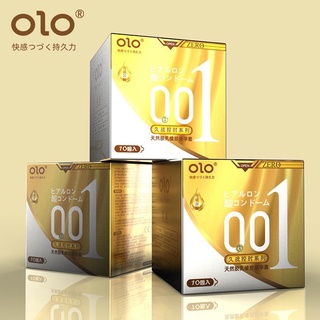 มีปุ่ม(สีเหลือง) ยี่ห้อ OLO ถุงยางอนามัยเบาบาง 3 ชนิดพิเศษ (1กล่องมี10ชิ้น)  (L07-Gold)