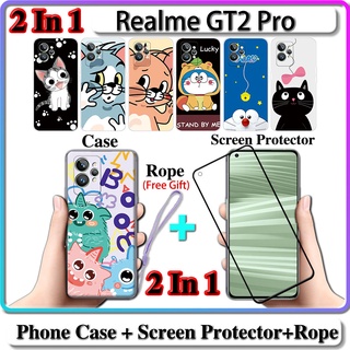 2 IN 1 เคส Realme GT2 Pro พร้อมกระจกนิรภัยโค้ง ป้องกันหน้าจอ เซรามิค ลายแมวและโดราเอมอน