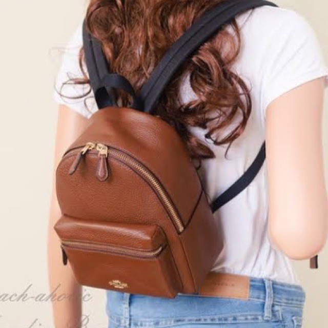 (ผ่อน0%) กระเป๋า เป้ Coach F28995 Mini Charlie Backpack Bag In Saddle หนังแท้ สีน้ำตาล