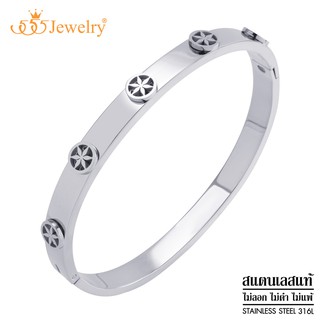 555jewelry กำไลข้อมือสแตนเลส หน้ากำไลตกแต่งด้วยวงกลม ฉลุดอกไม้ รุ่น MNC-BG414 -  กำไลข้อมือสแตนเลส กำไลข้อมือสวยๆ (BG31)