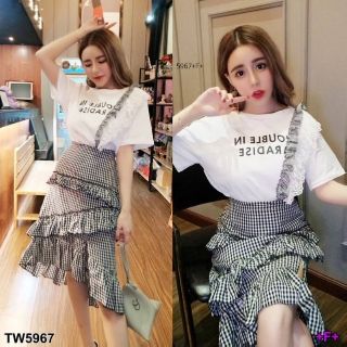 (TW5967)Set2ชิ้น เสื้อยืดผ้าคอตตอนสกรีน  แต่งคาดลายสก็อตกับลูกไม้ มาพร้อมกับกระโปรงลายสก็อต แต่งระบายชั้นๆ เ