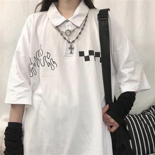 Harajuku style lapel polo shirt top T-shirt with short sleeves female students Korean style loose all-match bf Internet