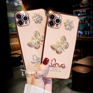 เคสโทรศัพท์มือถือแบบนิ่ม TPU แต่งกลิตเตอร์ พลอยเทียม ระยิบระยับ ลายผีเสื้อ ดอกไม้ เพชร หรูหรา สําหรับ iPhone 14 13 12 11 Pro Max X XR XS Max 7 8 Plus