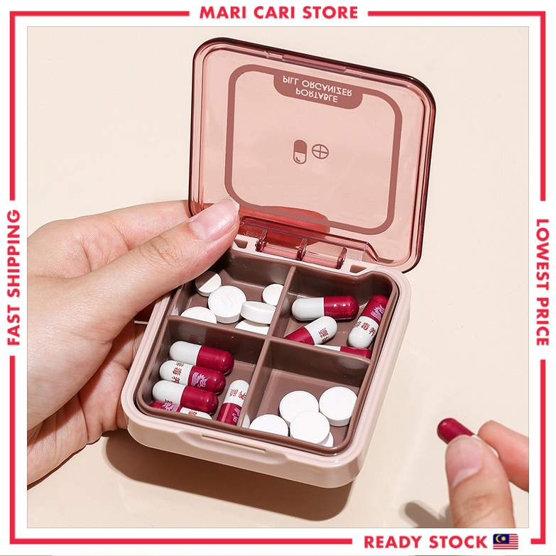 4 ช่องกล่องยาแบบพกพากล่องเก็บยาOrganizerแท็บเล็ตอาหารเสริมคอนเทนเนอร์Bekas Ubat Kotak Ubat