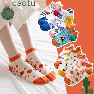 Cactu ถุงเท้าข้อสั้น ผ้าฝ้าย สีสันสดใส สไตล์เกาหลี แฟชั่นสําหรับผู้หญิง 5 คู่