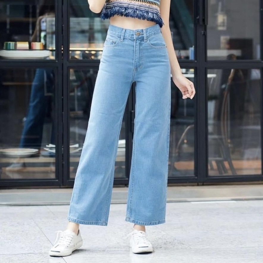 RittaJeans กางเกงยีนส์ เอวสูง ทรงกระบอก ปลายตัด ผ้าไม่ยืด สตรีท ผญ เรียบ สีดำ ยาว 36 นิ้ว