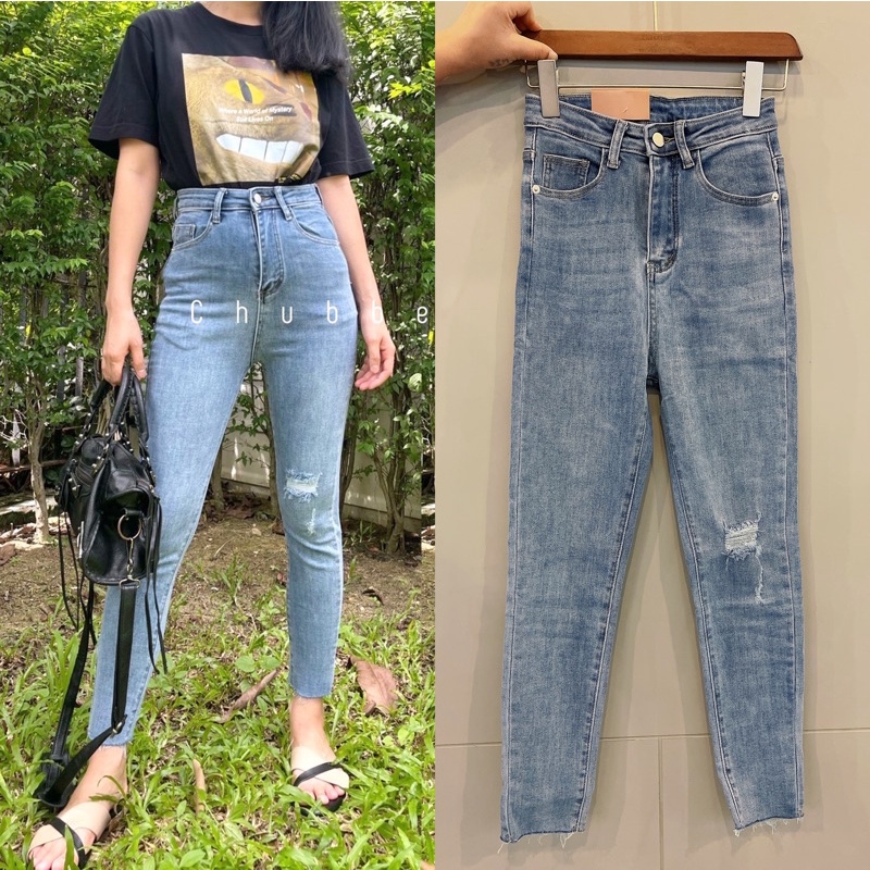 ใหม่ล่าสุด ทรงเดฟ ผ้าฮ่องกงยืดเยอะ เอวสูง สียีนส์ แต่งขาด มีไซส์ S-6XL เอว 24-42”