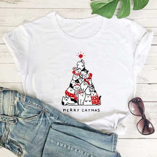 Kawaii เสื้อยืดลําลองสําหรับสตรีผ้าฝ้ายแขนสั้นพิมพ์ลาย Christmas Cat Tree MERRY CATMAS