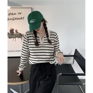 Cicishop(81018-1)เสื้อแขนยาวคอปกลายทาง ผ้าไหมพรมผ้ายืดได้เยอะ สไตล์เกาหลี