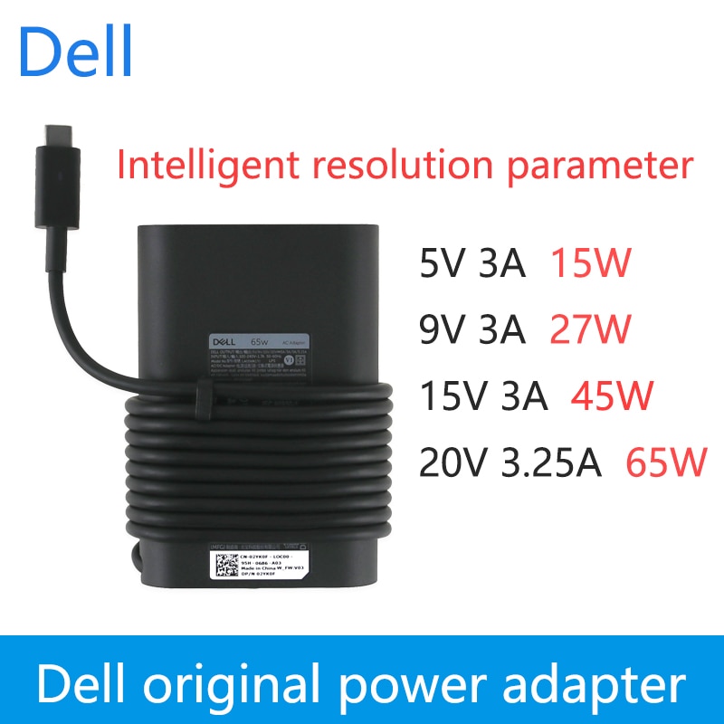 ของแท้ Dell 65W USB-C Type-C แล็ปท็อปอะแดปเตอร์ AC แหล่งจ่ายไฟสําหรับ Dell XPS 13 7370 13 9350 XPS 15 9550