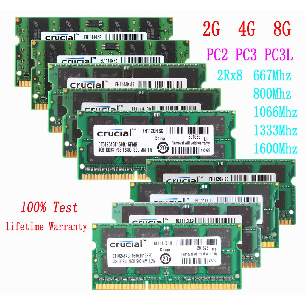 Crucial แรมหน่วยความจําแล็ปท็อป 2G 4G 8G PC2 PC3 PC3L 5300 6400 8500 10600 12800 DDR2 DDR3 DDR3L 667Mhz 800Mhz 1066Mhz 1333Mhz 1600Mhz DIMM