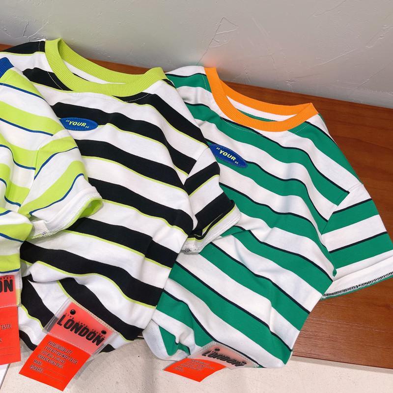 เสื้อยืดแขนสั้นเด็กลายทางฤดูร้อนสำหรับเด็กเกาหลี 2025