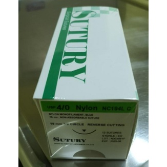 SUTURY NYLON ไหมเย็บแผล ไม่ละลาย - เข็มติดในลอน 12 เส้น ต่อ กล่อง (กล่องละ 1 โหล) / NYLON ยี่ห้อ SUTURY