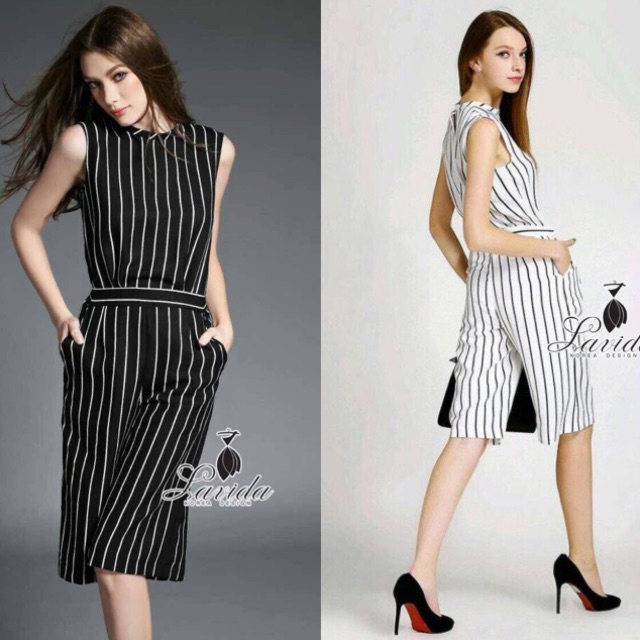 🍭 Korea Design By Lavida black and white striped sleeveless jumpsuit